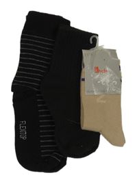 Nové - 3x - Ponožky - Černé, černé s pruhy, béžové s pruhy