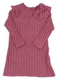 Růžovo-šedé melírované žebrované úpletové šaty s mašlí a volánky