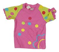 Růžovo-světlezelené UV tričko s puntíky a květy a volánky PUSBLU