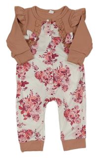 Bílo-starorůžový overal s růžemi a bolérkem s kanýrky a mašlemi a volánky 