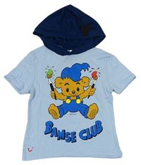 Světlemodro-tmavomodré tričko s medvídkem a kapucí