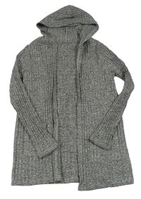 Šedý melírovaný žebrovaný úpletový cardigan s kapucí zn. C&A