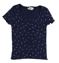 Tmavomodré žebrované crop tričko s motýly a knoflíky zn. H&M