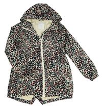 Béžovo-černo-růžová šusťáková lehce zateplená parka s leopardím vzorem a kapucí Matalan