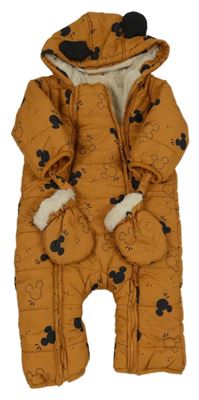 Hnědá šusťáková zimní kombinéza s Mickeym a kapucí + rukavice Orchestra