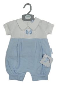 Nové - Bílo-světlemodrý kraťasový overal s výšivkou a límečkem