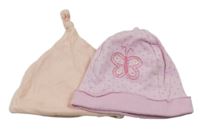 2x bavlněná čepice - růžová + růžová puntíkatá s motýlem