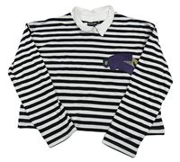 Bílo-černé pruhované crop mikinotriko s nášivkou a límečkem - Wednesday