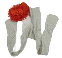 2set - Světlešedé melírované žebrované punčocháče + červená čelenka s 3D květy