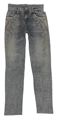 Šedo-modré legíny riflového vzhledu s kamínky