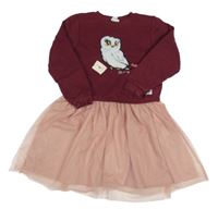 Vínovo-starorůžové teplákovo/tylové šaty s Hedvikou - Harry Potter H&M