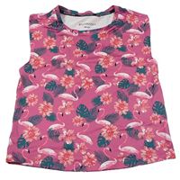 Růžové vzorované sportovní crop tričko s plameňáky 