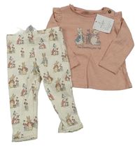 2 set - Smetanové legíny s králíky + světlerůžové triko s králíkem 