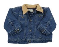 Modrá riflová zateplená bunda s béžovým límečkem 