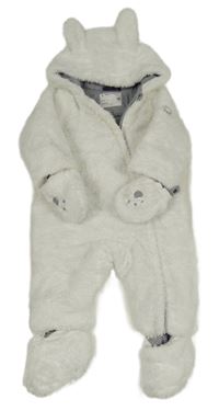 Bílá chlupatá zateplená kombinéza s kapucí + rukavice + capáčky