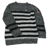 Černo-šedý melírovaný pruhovaný svetr s nášivkou F&F