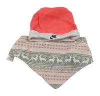 2 set - neonově růžová čepice s logem - Nike + růžovo-šedý vzorovaný slinták 