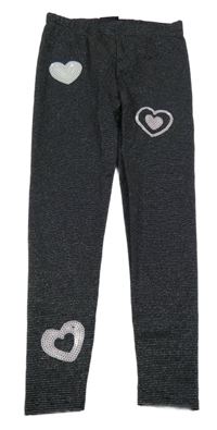 Černo-stříbrné pruhované legíny se srdíčky s flitrů Kiki&Koko
