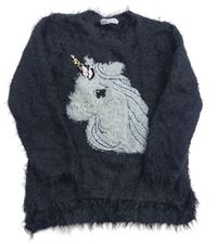 Antracaitový chlupatý svetr s jednorožcem H&M