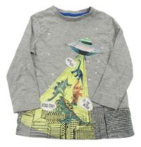 Šedé melírované triko s UFO a dinosaury F&F