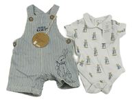 2set - bílé body s králíčky + modro-bílé pruhované laclové plátěné kraťasy s králíčkem 