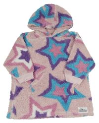 Růžovo-fialovo-modrá huňatá oversize mikina s hvězdami a kapucí Primark