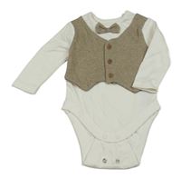 Bílo-béžové body s našitou vestou a motýlkem Primark