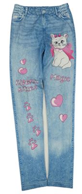 Světlemodré legíny riflového vzhledu s kočičkou a srdíčky 