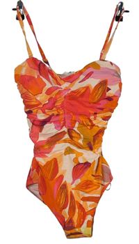 Dámské červeno-oranžové květované jednodílné plavky 