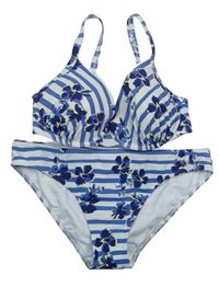 Dámské bílo-modré pruhované dvoudílné plavky s květy M&S vel. 70E