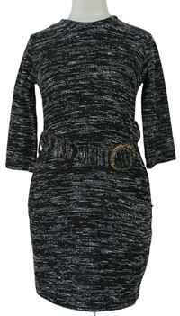 Dámské černo-bílé melírované pletené šaty s páskem zn. Primark vel. 32