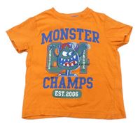 Oranžové tričko s nápisem a příšerkou F&F