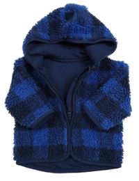 Tmavomodrá kostkovaná huňatá podšitá propínací mikina s kapucí M&S