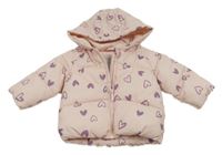 Světlerůžová šusťáková zimní bunda se srdíčky a kapucí Primark