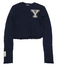 Tmavomodré žebrované crop triko s písmenem H&M