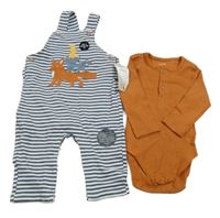 Nové - 2Set - Tmavomodro-bílé pruhované laclové tepláky se zvířátky + medové žebrované body M&S