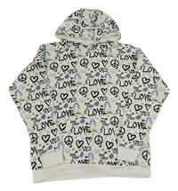 Bílo-černo-fialová vzorovaná mikina s nápisy a kapucí Primark