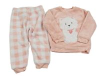 Broskvovo-kostkované chlupaté pyžamo s pejskem Blukids