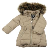 Béžový šusťákový prošívaný zimní kabát s páskem a kapucí C&A