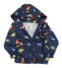 Tmavomodrá šusťáková jarní bunda s autíčky a kapucí 