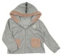 Šedá sametová propínací mikina s kožíškem a kapucí Sarahanda 