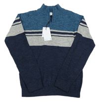 Nové -  Modro-šedo-tmavomodrý pruhovaný svetr M&Co