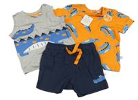 Nové - 3set - Tmavomodré kraťasy + šedé tílko + oranžové tričko s krokodýly Liegelind
