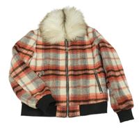 Růžovo-černo-bílá kostkovaná vlněná zateplená bunda s kožíškem River Island