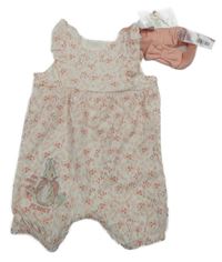 Nové - 2set - Bílé bavlněné květované laclové kraťasy Peter Rabbit + čelenka
