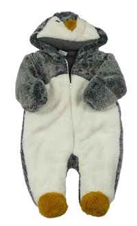 Šedo-černo-smetanová chlupatá zateplená kombinéza s kapucí - tučňáček