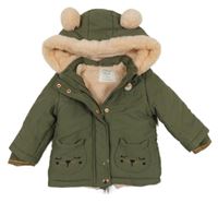 Khaki šusťáková zimní parka s kočičkami/kapsami a srdíčky a kapucí s kožešinou a bambulemi F&F