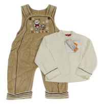 Nové - 2Set - Světlehnědé sametové laclové tepláky s medvídkem a myškou + bílá mikina Little King