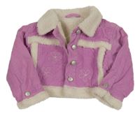 Růžová manšestrová zateplená crop bunda s květy a huňatým límečkem St. Bernard