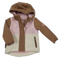 Světlerůžovo-smetanovo-hnědá softshellová bunda s nášivkou a kapucí Topomini